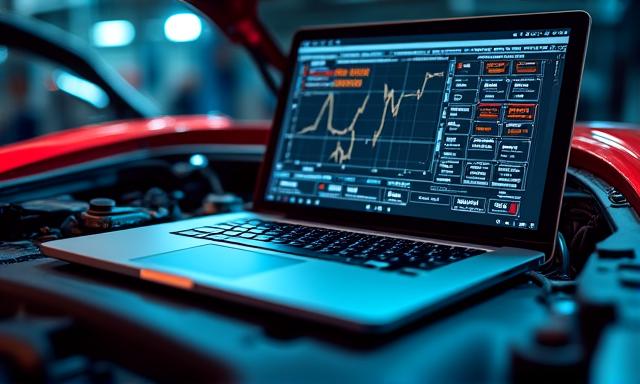 ECUリマッピング作業中のノートパソコンと車両